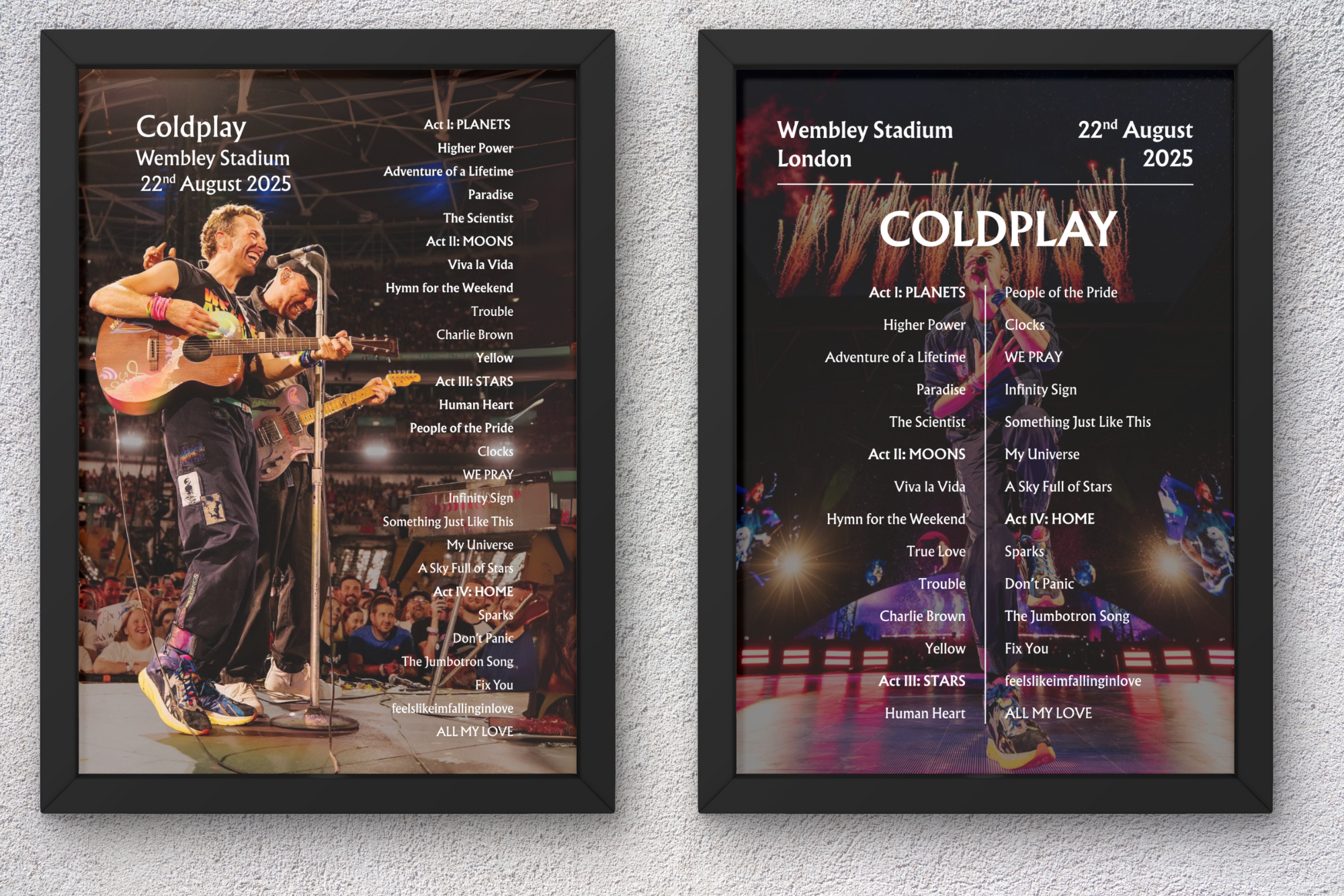 Coldplay 2025 WEMBLEY 22nd Aug NIGHT ONE Setlist Poster - A1 to A5 frame Option