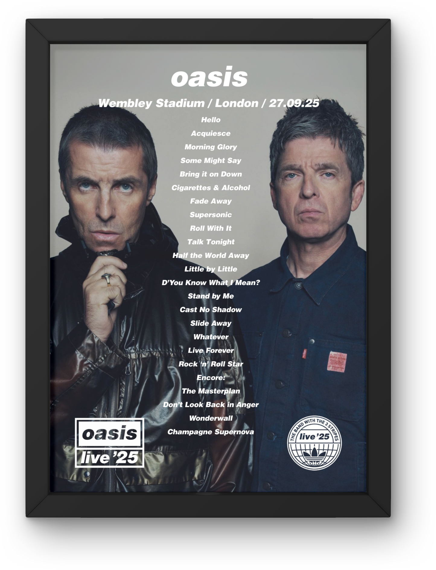 OASIS WEMBLEY 27TH SEP 2025 SETLIST POSTER| A1 - A5 w/Frame Option