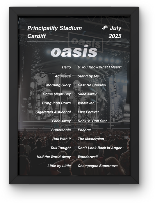 OASIS LIVE 2025 SETLIST POSTER | CARDIFF| A1 - A5 Frame Option