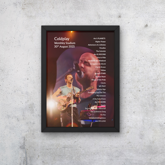 Coldplay Wembley 30/08/25 NIGHT FIVE Setlist Poster - A1 to A5 w/frame Option0