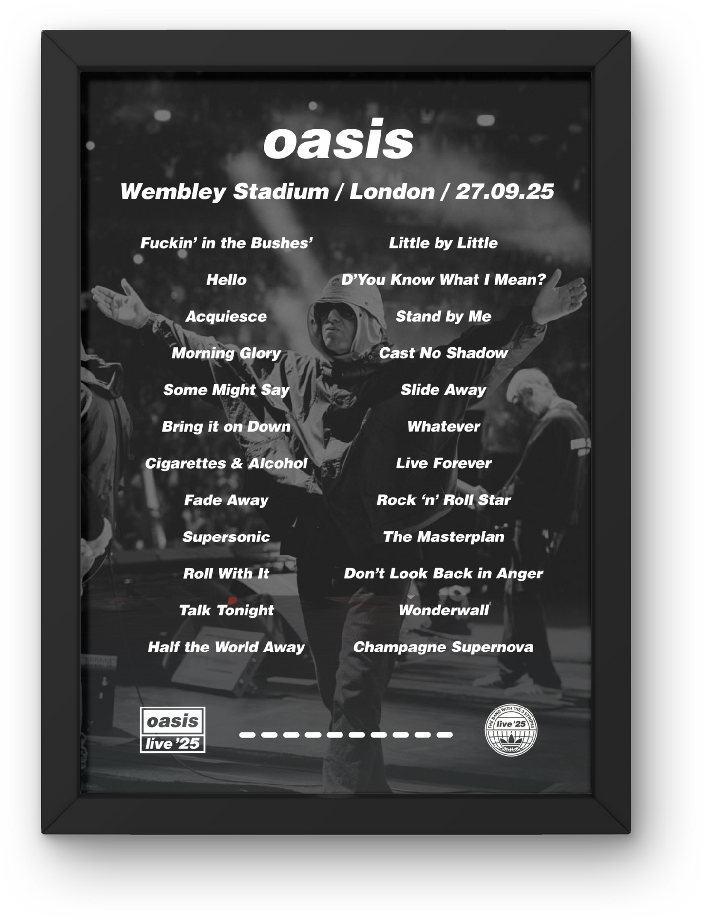 OASIS WEMBLEY 27TH SEP 2025 SETLIST POSTER| A1 - A5 w/Frame Option