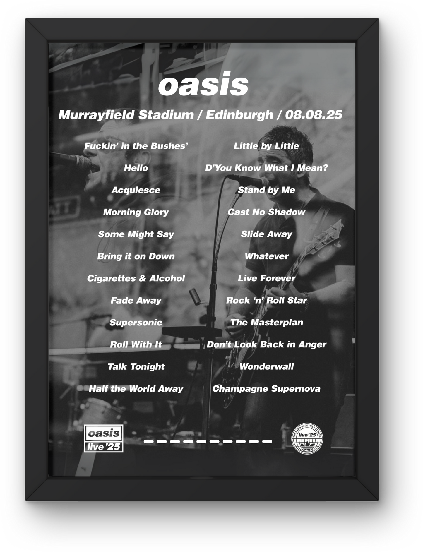 OASIS EDINBURGH LIVE 2025 SETLIST POSTER |ALL DATES| A1 - A5 w/Frame Option