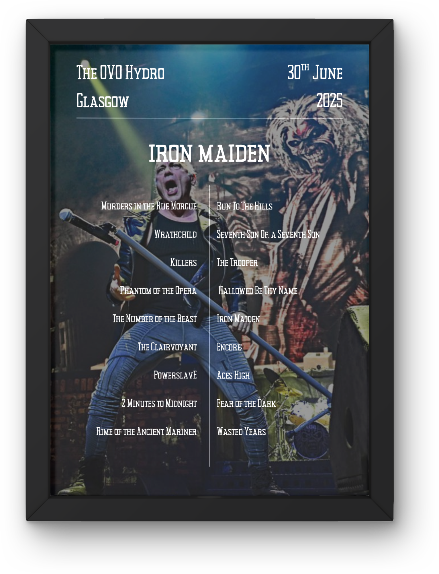 Iron Maiden Glasgow Setlist Poster | All Dates Avail | A1-5 Frame Option