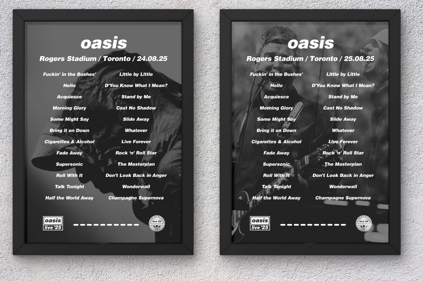 OASIS TORONTO LIVE 2025 SETLIST POSTER | BOTH DATES | A1 - A5 w/Frame Option