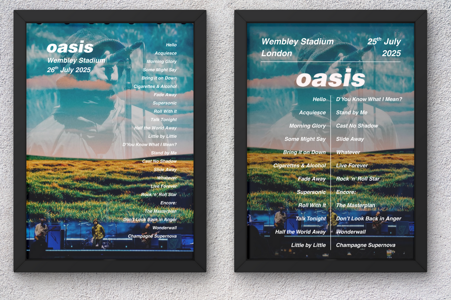 OASIS WEMBLEY LIVE 2025 SETLIST POSTER | ALL DATES | A1 - A5 w/Frame Option