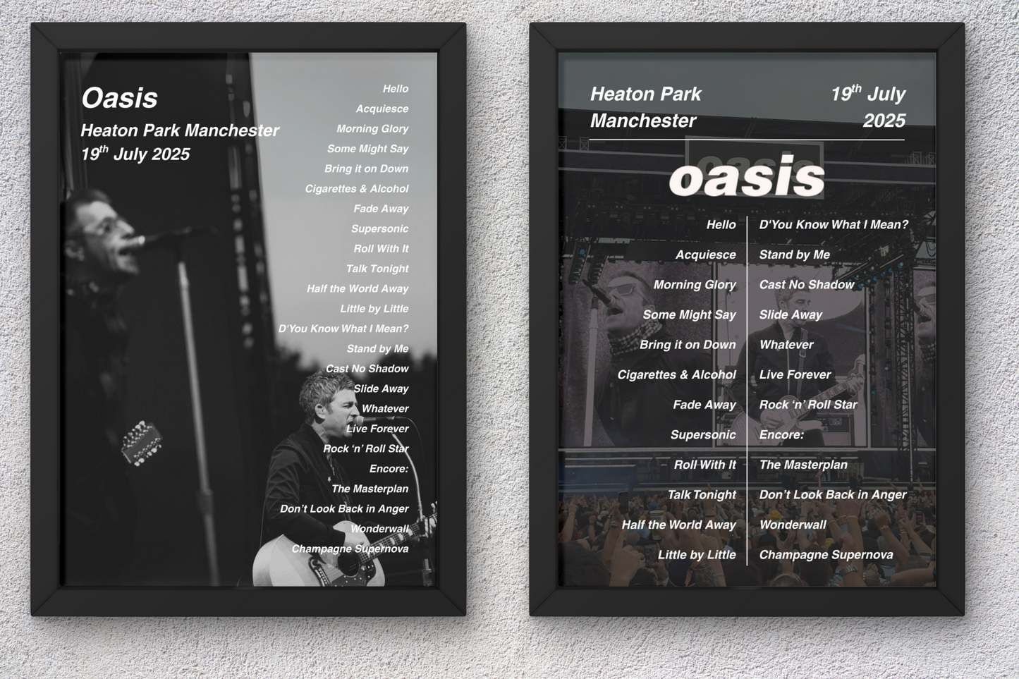 OASIS 2025 SETLIST POSTER | 19/20th JULY MANCHESTER HEATON PARK | A1 - A5 Frame Option