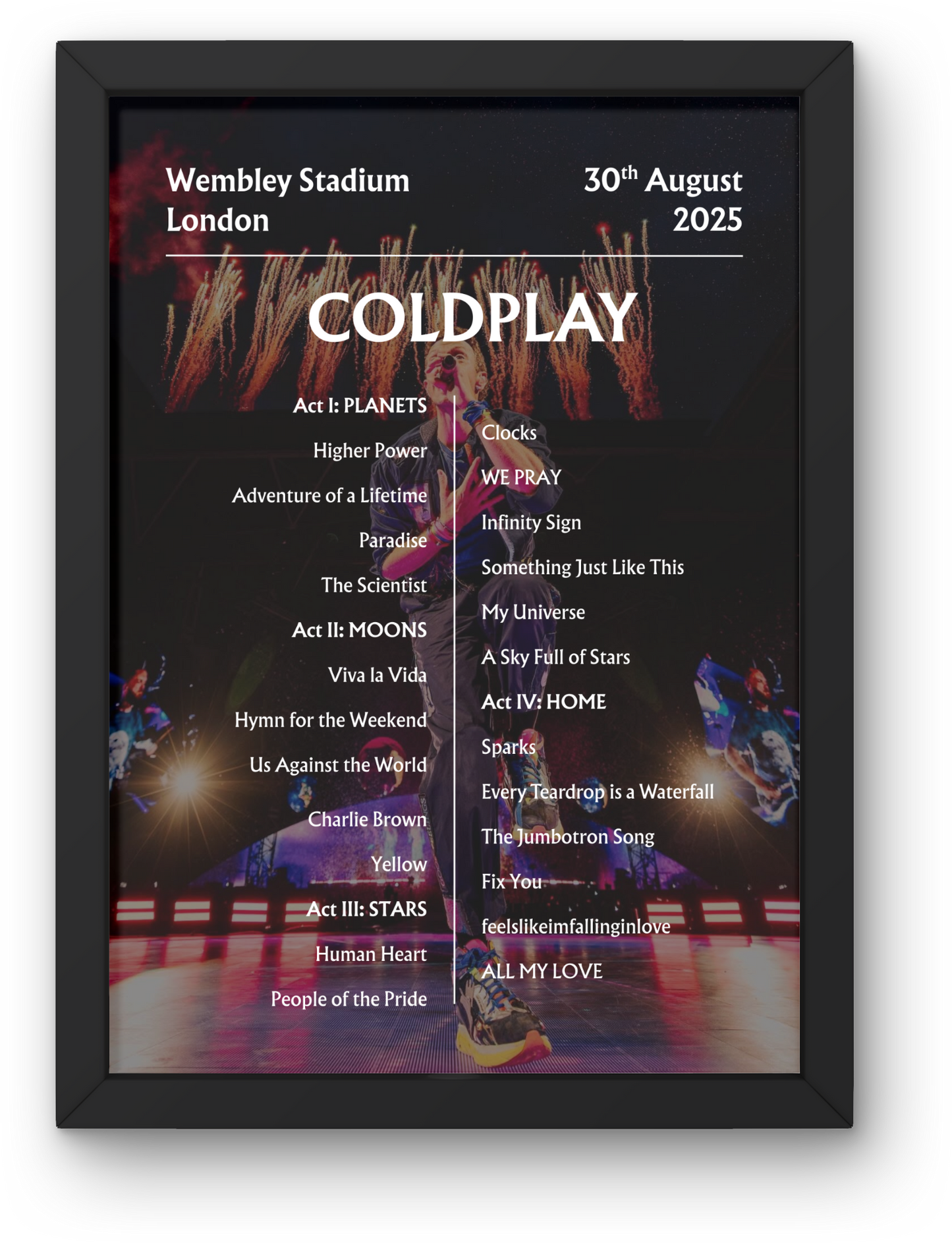 Coldplay 2025 WEMBLEY 30th Aug - NIGHT FIVE -  Setlist Poster - A1 to A5 frame Option