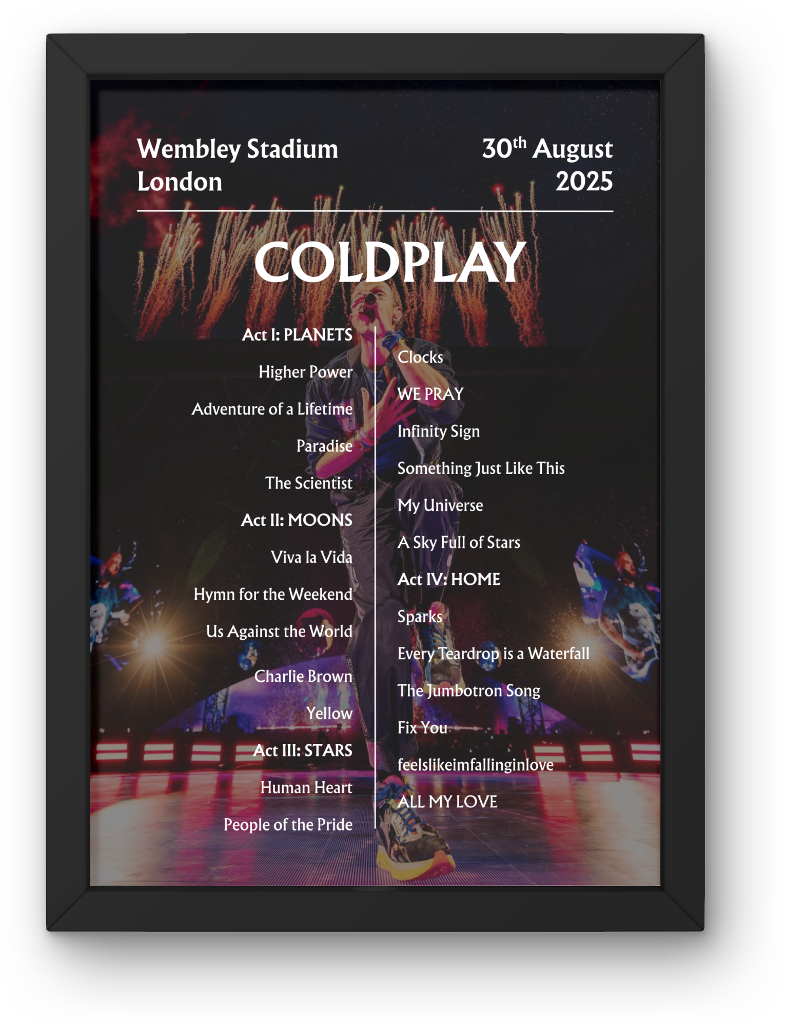Coldplay 2025 WEMBLEY 30th Aug - NIGHT FIVE -  Setlist Poster - A1 to A5 frame Option