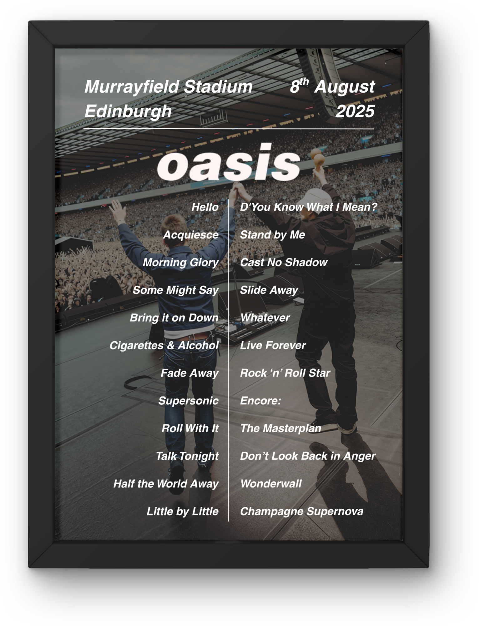 Oasis Edinburgh Setlist Print - All Dates