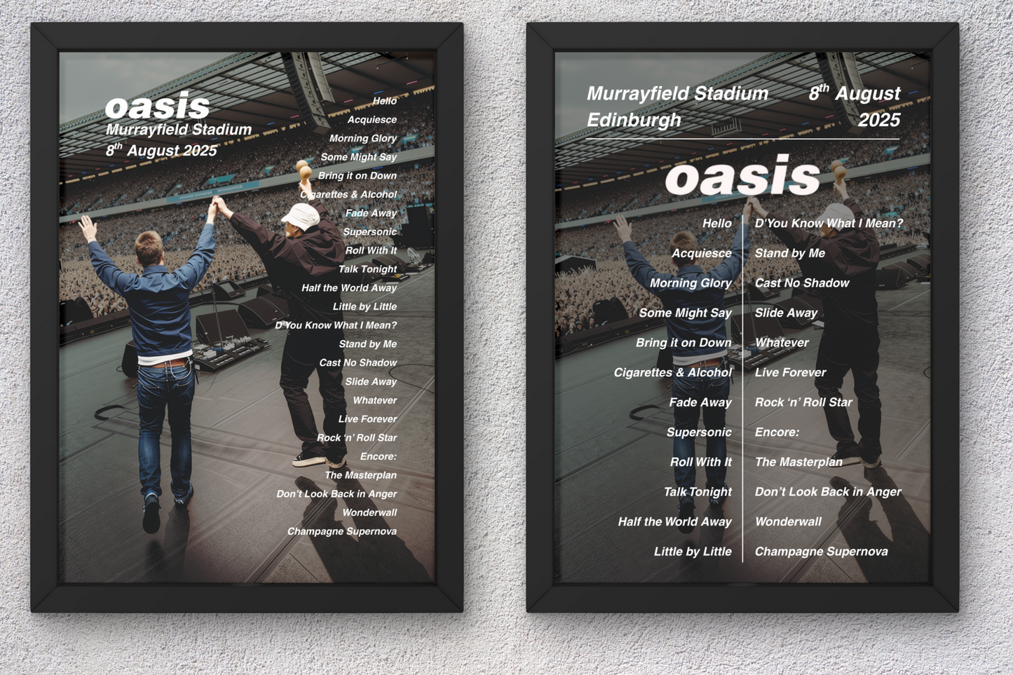 OASIS LIVE 2025 SETLIST POSTER | EDINBURGH | ALL DATES| A1 - A5 Frame Option