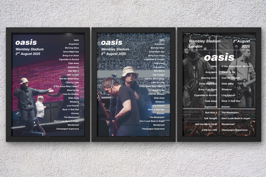 OASIS LIVE 2025 WEMBLEY SETLIST POSTER | NIGHT 4+5 2ND 3RD AUGUST | A1 - A5 Frame Option