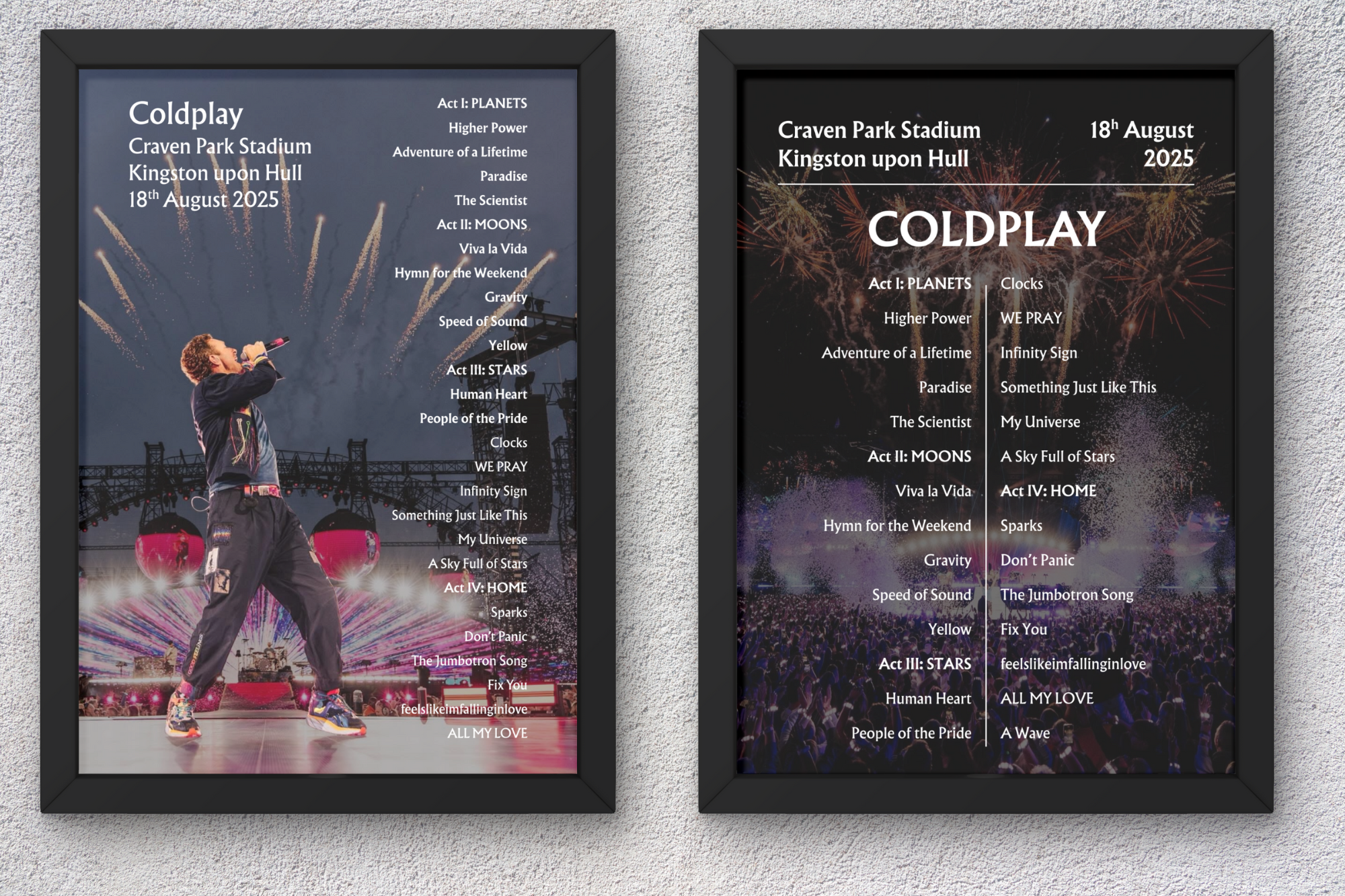 Coldplay Live 2025 Hull Setlist Poster - BOTH DATES - A1 to A5 frame Option
